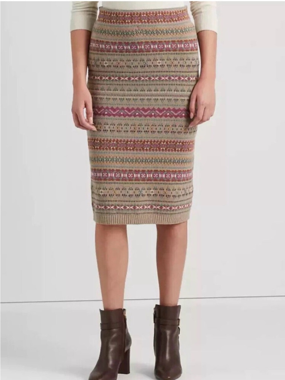 Ralph Lauren BLACK label Fair Isle Linen Blend Pencil Skirt Women's L Multicolor